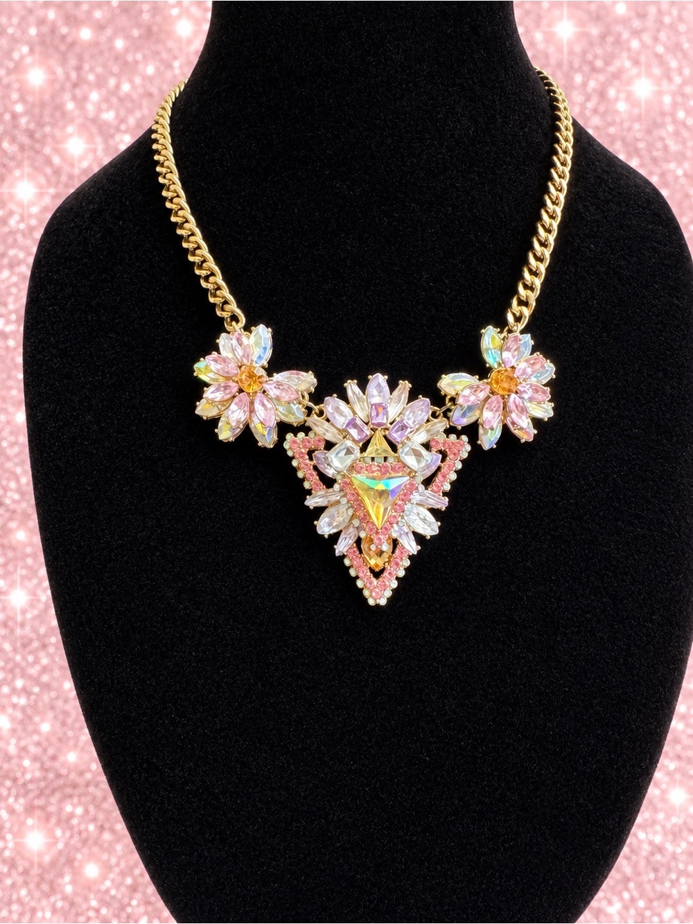 Gold-Tone Pink Crystal Floral Statement Necklace